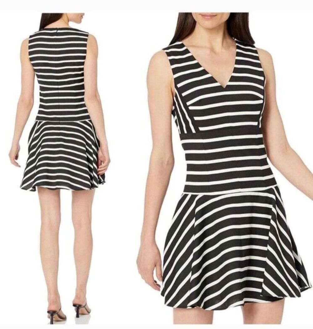 Anthropologie 4C Black & White Stripe Sleeveless Flattering Fit & Flare Dress 6